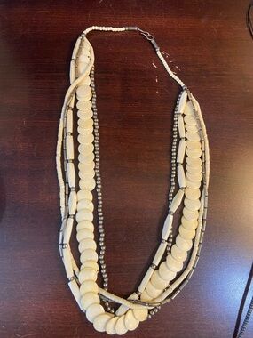 Bone and silver tone Beaded Multi-Strand Necklace - Cream & Silver